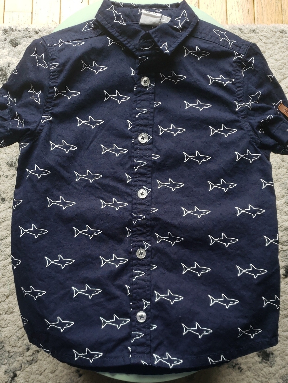 Short-sleeved Navy Button-Up with Shark Print
